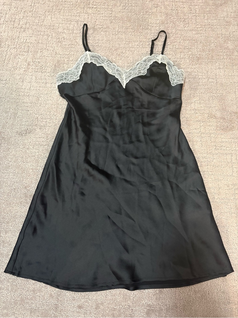 Black Satin Lace-Trim Slip Dress